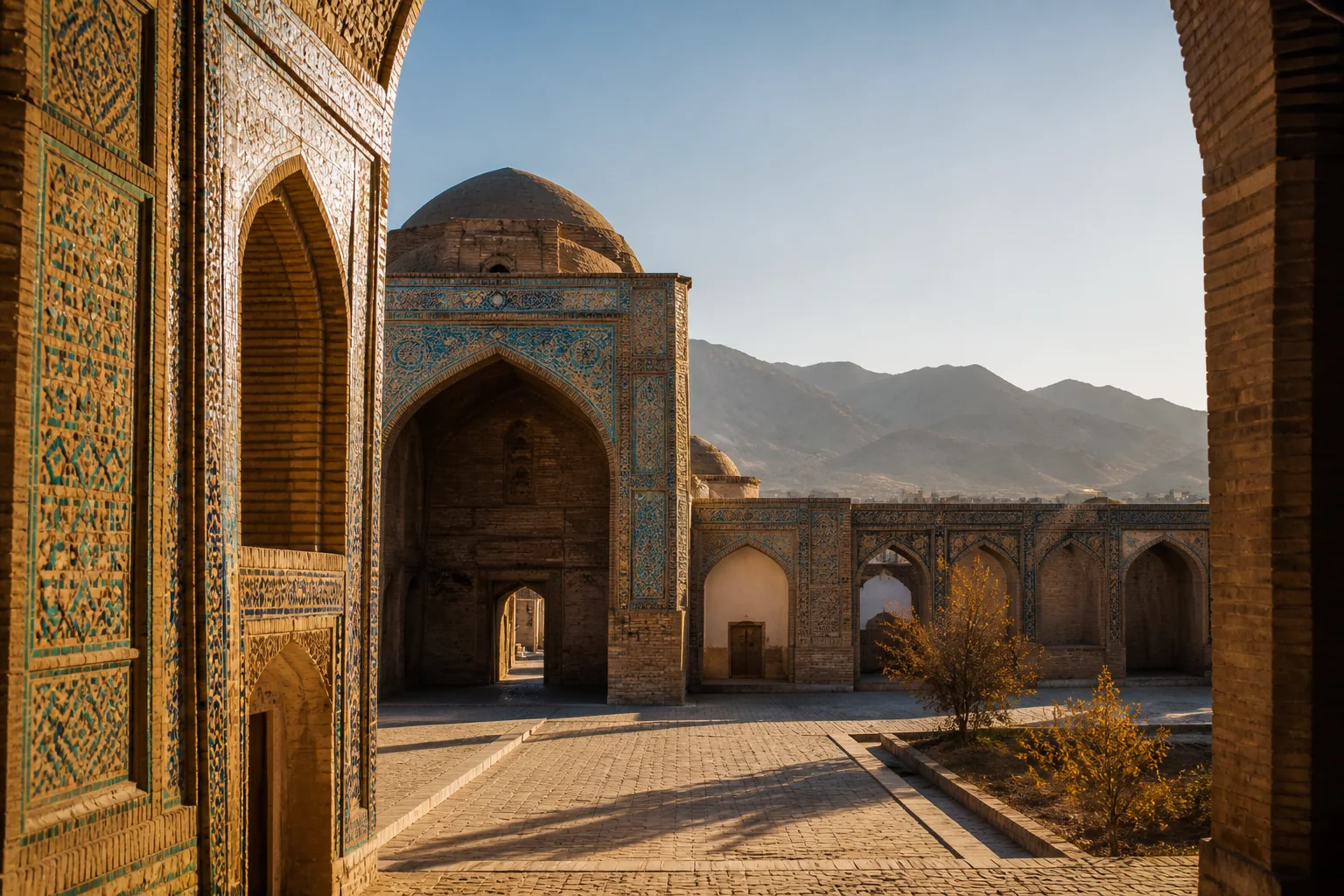 Representative Afghan historic courtyard with brick arches and turquoise tile details