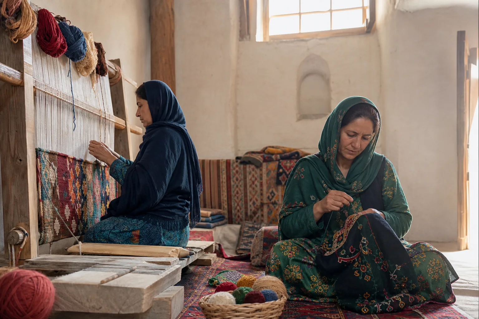 Representative editorial image of Afghan women artisans weaving a carpet and embroidering textiles